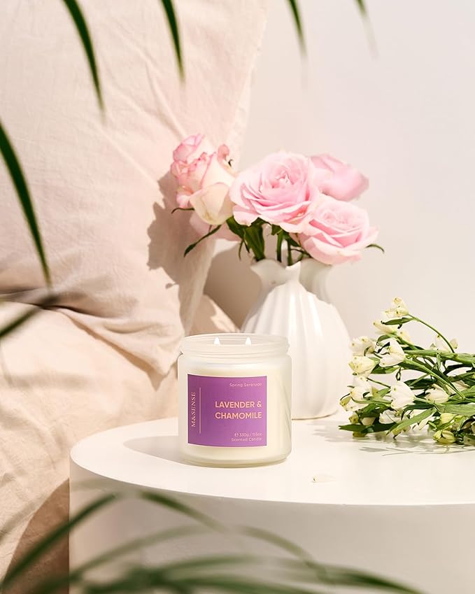 M&SENSE Lavender Chamomile Scented Candle - 11.6oz 70 Hours Natural Soy Wax Non Toxic Aromatherapy Candle for Yoga Spa Stress Relief Gifts for Mothers Day Mom & Relaxing