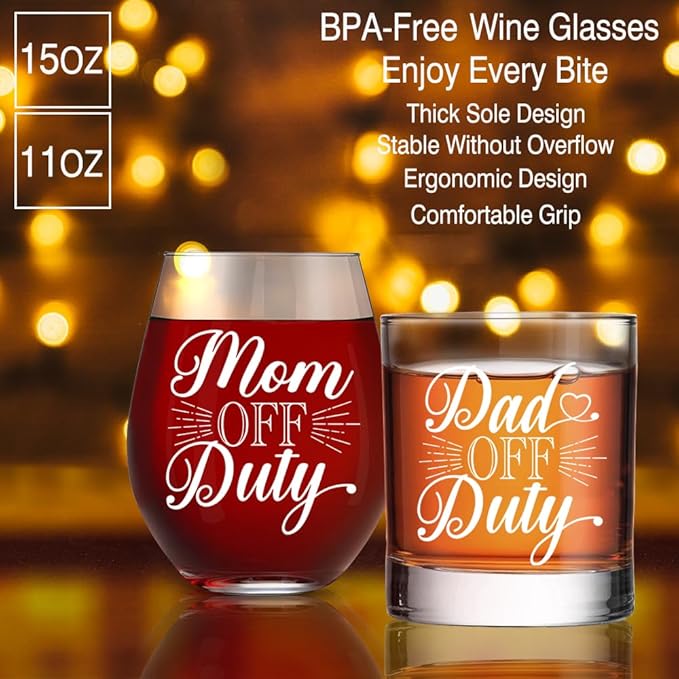 Perfectinsoy Dad Off Duty Whiskey Glasses and Mom Off Duty Red Wine Glasses Gift Set, Wine Glass Gifts for New Parents, Anniversary Birthday Gifts for Mom and Dad Couples Soul Mate Friends