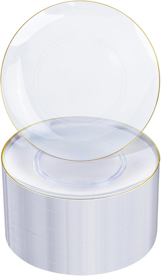 Nervure 100Pieces Clear and Gold Rim Plastic Plates - 7.5inch Disposabl Salad Dessert Plate - Clear and Gold Party Plates Ideal for Wedding & Party & Thanksgiving