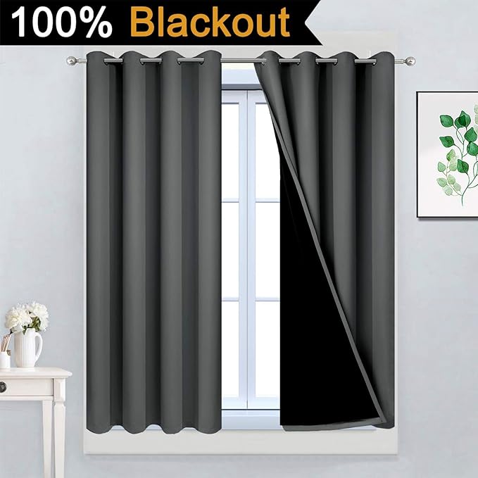 Yakamok Dark Gray 100% Blackout Curtains, Energy Saving Thermal Insulated 2 Thick Layers Total Blackout Drapes with Black Liner for Bedroom (52Wx45L,Dark Grey, 2 Panels)