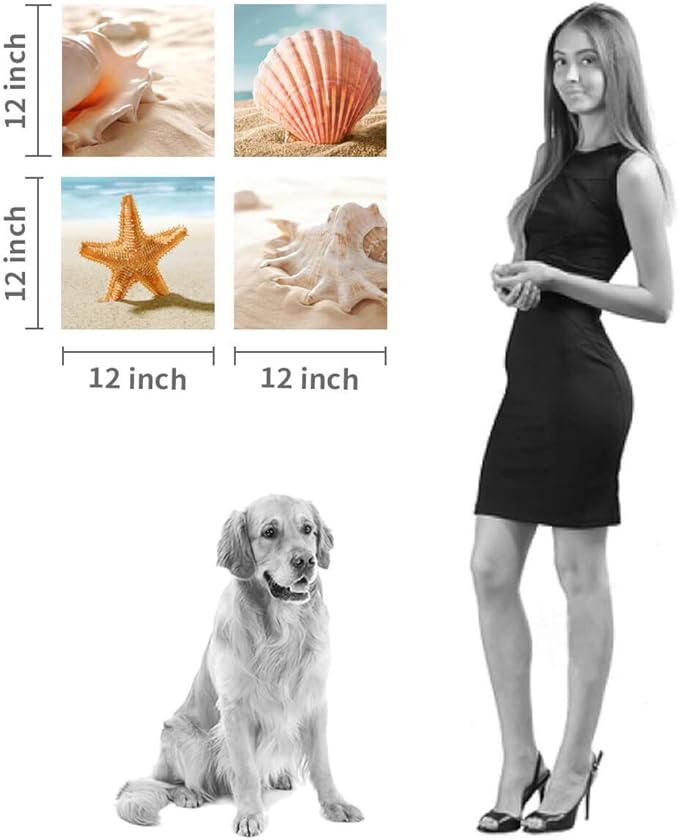 Beach Seashell Canvas artwork Painting: Coastal Seascape Conch Wall Art Print on Canvas for Bathroom (12” x 12'' x 4 Panels)