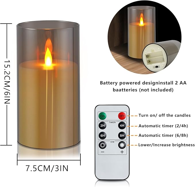 Gray Flameless Candles with Remote and Timer, 2 Pcs(D3 xH6) Flickering Battery Operated Acrylic LED Pillar Candles, Electric Fake Candles for Holiday Wedding Home Party Fireplace Décor