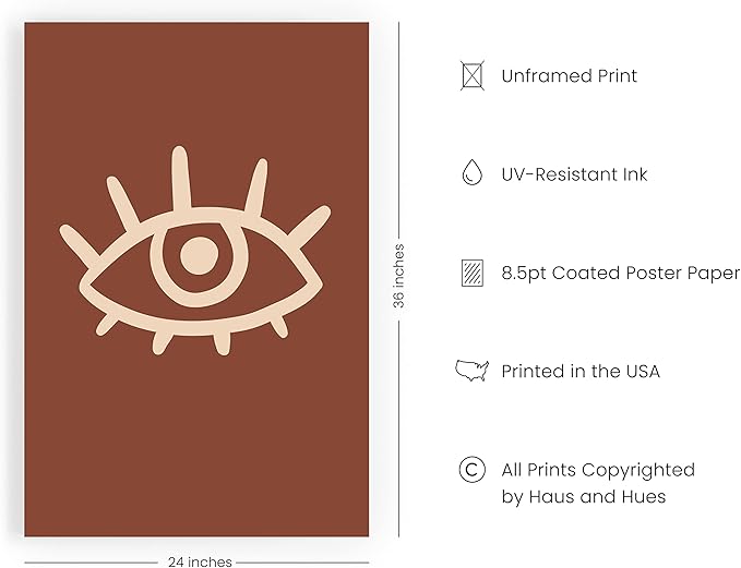 HAUS AND HUES Boho Posters Mid Century Modern Wall Decor - Abstract Art Boho Art Prints Midcentury Modern Decor Minimalist Dark Clay Eye with Eye Lashes (24x36 Unframed)