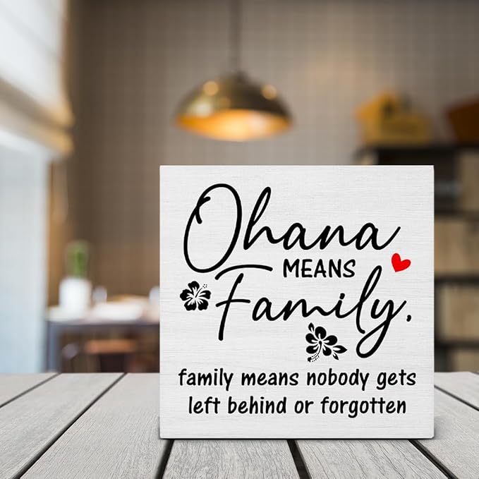 Family Signs for Home Decor, Farmhouse Ohana Means Family Wood Sign Home Living Room Hallway Bedroom Kitchen Desk Shelf Table Decoration 5 X 5 Inch