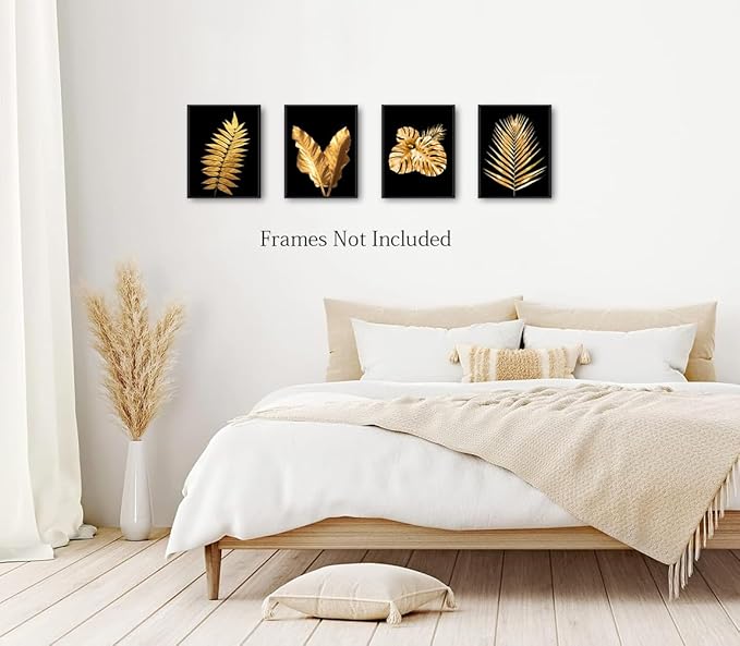 Gold Leaf Art Prints Modern Black Gold Botanical Tropical Plant Leaves Canvas Wall Art Prints,Foliage Inspirational Quotes Art for Bedroom Room Home Decor Set of 6(8"X10"Unframed)