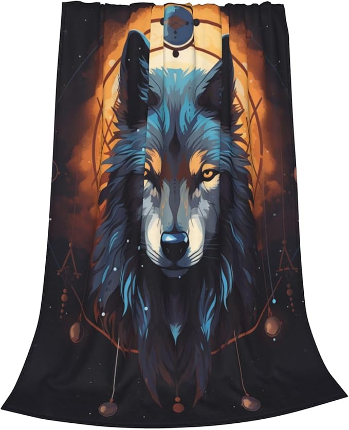 Catroon Wolf Dream Catcher Blanket Gifts Moon Wolves Flannel Throw Blankets for Home Decor Couch Bed Sofa Soft Fuzzy Lightweight for All Season 60x50 Inches