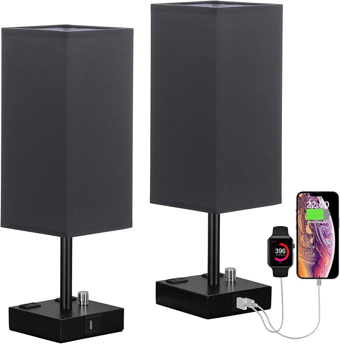 Black Fully Dimmable Nightstand Lamps Set of 2 - Table Bedside Lamp with USB C+A Charging Ports & 2 AC Outlets, Square Lamp Sets Linen Fabric Shade for Bedroom Living Room(Bulb Included)