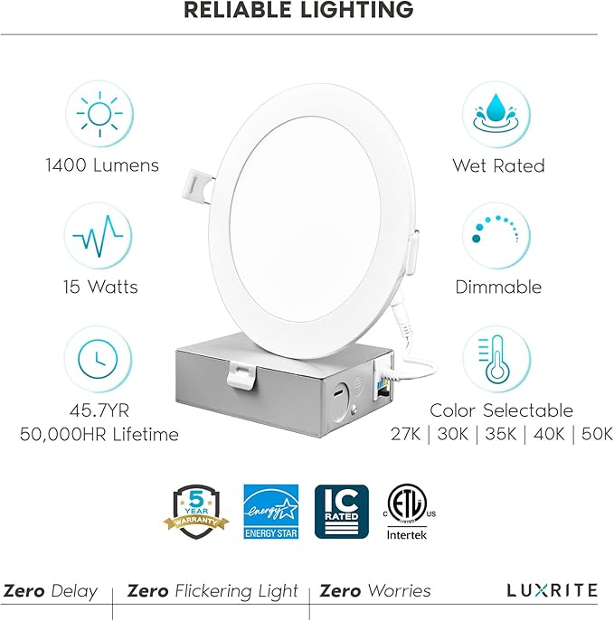 LUXRITE 6 Inch Ultra Thin LED Recessed Light with J-Box, 15W, 5 Color Selectable 2700K-5000K, 1400 Lumens, Dimmable LED Wafer Lights, High Output, Wet Rated, IC Rated, Energy Star (4 Pack)