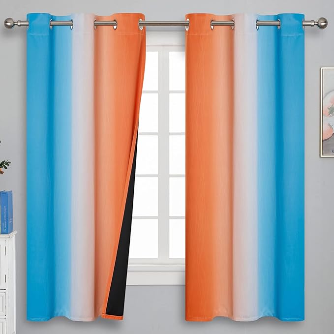 Ombre Orange and Blue Curtains 63 Inch Length 2 panels, Total Blackout Curtains for Bedroom, Grommet Thermal Insulated Gradient Drapes, Full Light Blocking Curtains for Boys Room, 42x63 Inch