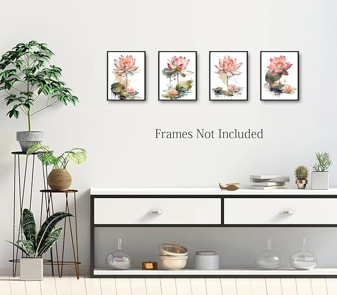 Lotus Floral Wall Art Prints,Pink Lotus Flower Canvas Wall Art,Watercolor Lotus Bloom Meditation Poster,Pink Lotus Zen Canvas Wall Art for Office Bathroom Room Decor Set of 4(8”X10”Unframed)