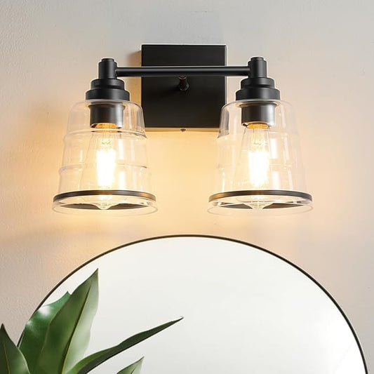 Black Bathroom Vanity Light Fixture, 2 Light Bathroom Light Fixtures Over Mirror with Clear Glass Shade and Metal Base Wall Sconce,13.4 inch Modern Vanity Light for Bathroom (Exclude E26 Bulb)