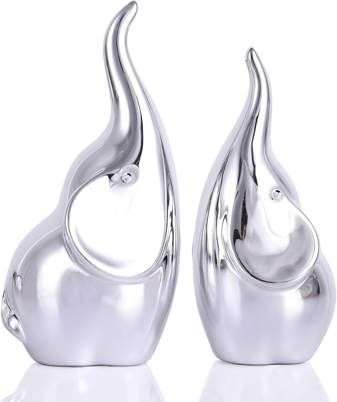 Ceramic Elephant Figurines with Trunk Up, Pair Couples Loving Statue, Small Figurines Sculpture African Home Decor, Valentine Elephants Gifts for Women, Wedding Knick Knacks(Silver