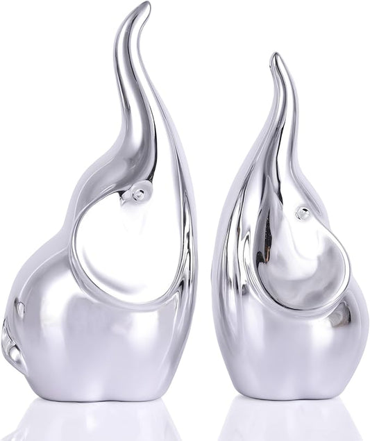 Ceramic Elephant Figurines with Trunk Up, Pair Couples Loving Statue, Small Figurines Sculpture African Home Decor, Valentine Elephants Gifts for Women, Wedding Knick Knacks(Silver