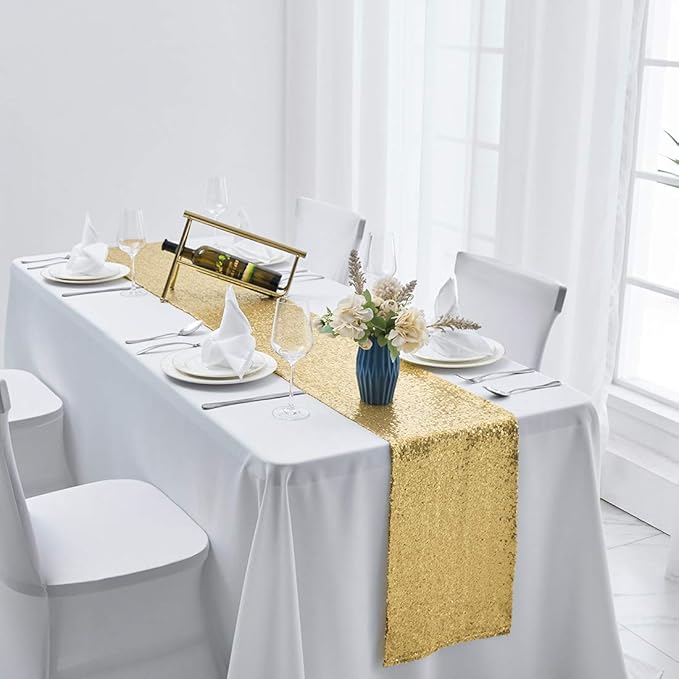 6 Packs 12 x 108 inches Gold Sequin Table Runner, Glitter Gold Table Runner for Wedding Birthday Bachelorette Holiday Party Supplies Decorations Bridal Shower Baby Shower