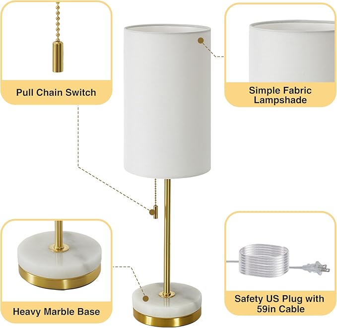Desk Lamp & Table Lamp Set of 2, Bedside Lamps for Night Stands - Modern Small Table Lamps with Marble Base, Fabric Shade, Mini Pull Chain Bedroom Lamps for Living Room, Office, Reading (Gold)