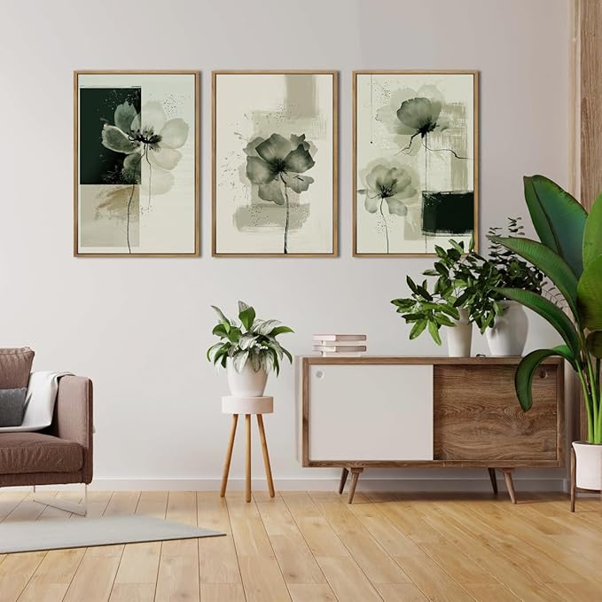 ANHUIB Black Neutral Floral Wall Art 16x24 Inch Abstract Flower Wall Decor Waterolor Painting Set of 3 for Living Room Bedroom Bathroom