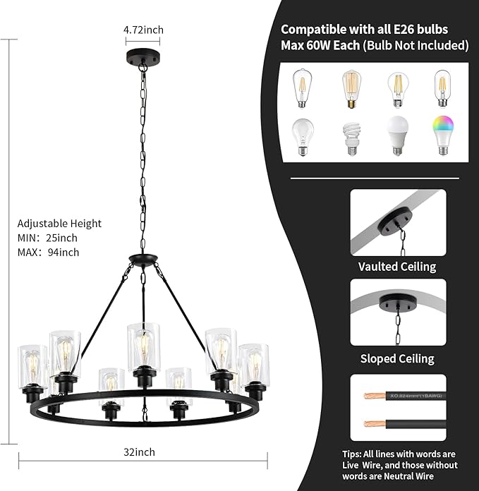 9-Light 32" Modern Farmhouse Chandeliers for Dining Room,Wagon Wheel Black Chandelier,Adjustable Height Hanging Round Pendant Lights for Kitchen Island Clear Glass Shade Ceiling Light fixtures