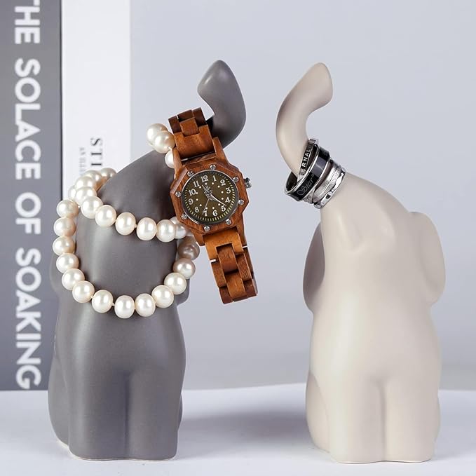 OwMell Set of 2 Loving Elephant Statue Figurine, 6" Elephant Ring Holder, Gifts for Couples Home Lucky Decor - Grey