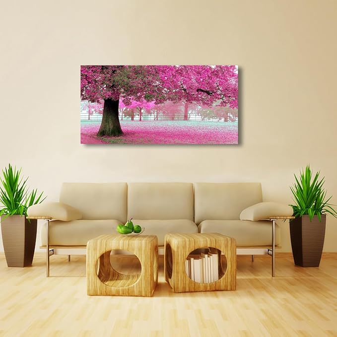 Tree of Life Wall Art Canvas Prints Natural Landscape Pictures Home Decor Pink and Green Paintings for Living Room Bathroom Bedroom Kitchen Decorations 24x48 Wooden Framed Artwork Easy Hanging