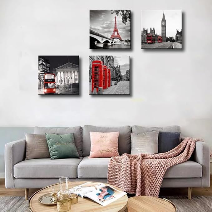 Black and White City Landscape Wall Art for Bedroom Red Street Scenery Canvas Decor for Bathroom Paris Eiffel Tower Pictures Prints London Big Ben Artwork Poster for Living Room Office Decoration