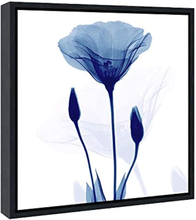 Pyradecor Black Framed Canvas Wall Art Blue Flickering Flower Modern Grace Floral Paintings Pictures on Canvas Prints for Bedroom Office Home Decorations