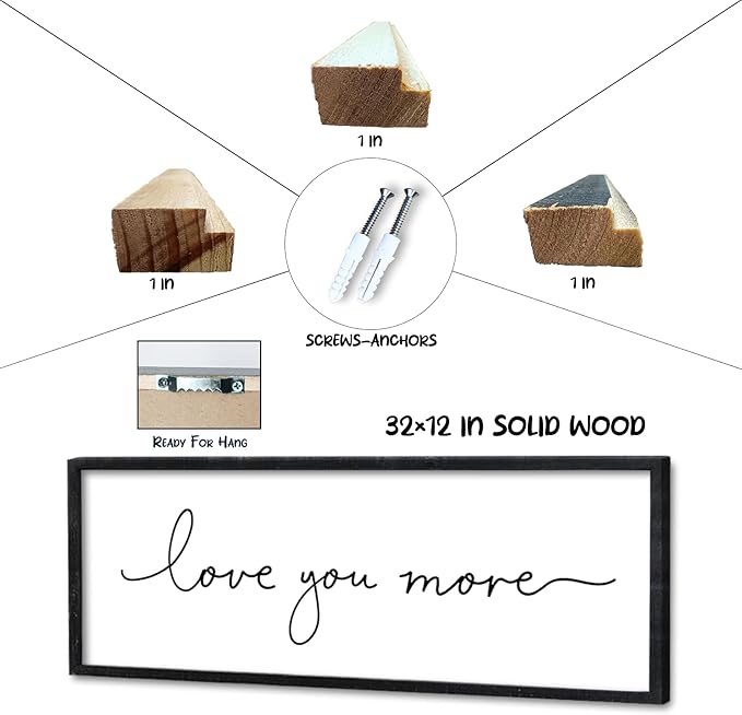 Surfapans Master Bedroom Above Bed Wall Decor Love You More Sign 32"×12" for Couples Over Bed Romantic Love Quotes Large Modren Farmhouse Wedding Wood Framed Horizontal Hanging Art Plaque (Black)