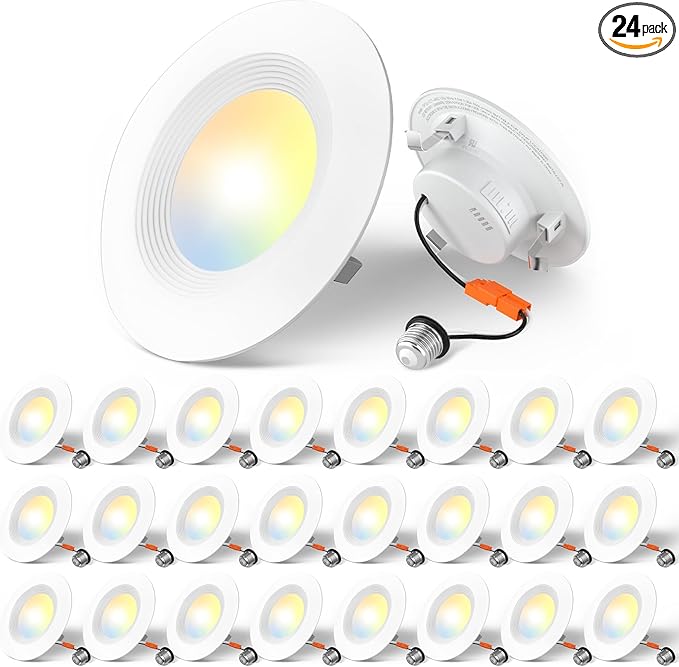 Amico 24 Pack 4 inch 5CCT LED Recessed Lighting, Dimmable, 8.5W=60W, 650LM, 2700K/3000K/4000K/5000K/6000K Selectable, Retrofit Can Lights with Baffle Trim, IC Rated - ETL & FCC, White