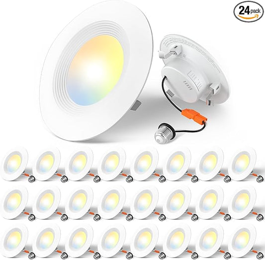 Amico 24 Pack 4 inch 5CCT LED Recessed Lighting, Dimmable, 8.5W=60W, 650LM, 2700K/3000K/4000K/5000K/6000K Selectable, Retrofit Can Lights with Baffle Trim, IC Rated - ETL & FCC, White