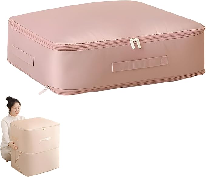 Dustproof and Moisture-proof Compression Storage Bag, Ultra Space Saving Self Compression Organizer, Comforter Storage Bag, Folding Organizer bag for Bedding/Quilt, Space Saver (Pink, M)