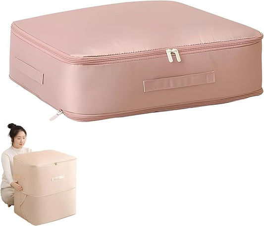 Dustproof and Moisture-proof Compression Storage Bag, Ultra Space Saving Self Compression Organizer, Comforter Storage Bag, Folding Organizer bag for Bedding/Quilt, Space Saver (Pink, M)