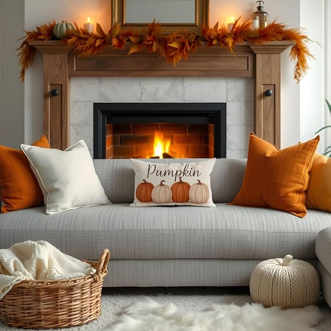 PANDICORN Fall Pillow Covers 12x20, Harvest Orange Pumpkin Lumbar Decorative Cushion Case, Fall Decorations for Home Decor Outdoor Farmhouse Thanksgiving Autumn Pillowcase for Living Room Sofa Couch