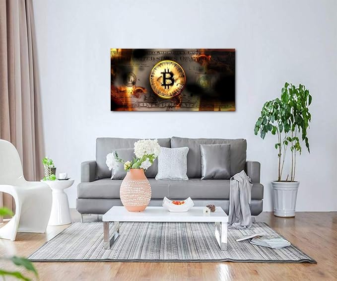 Office Artwork Wall Decor Motivational Burning Bitcoin and Dollars Creative Artwork Office Modern Home Wall Art Work Positive Money Canvas Wall Pictures Posters for Study Room Gym Framed-40"Wx20"H