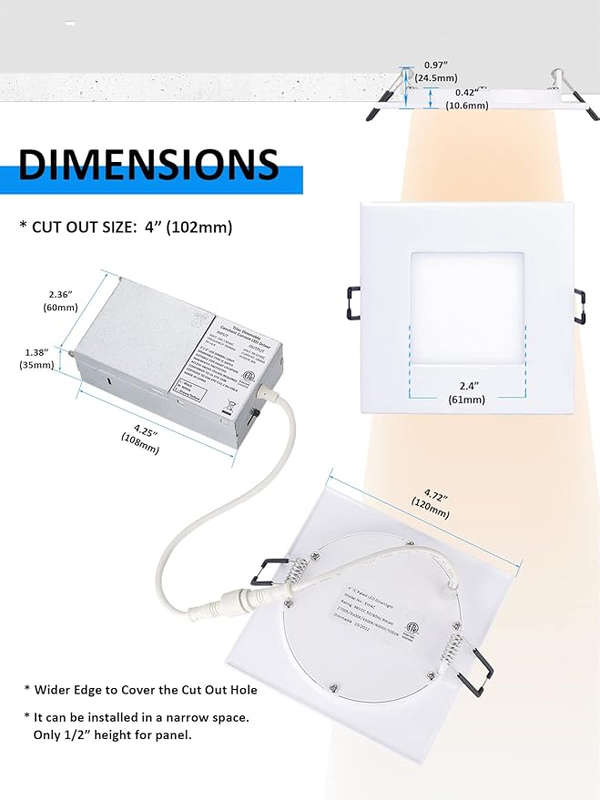 Recessed Lighting 4-inch Square-LED - Canless Recessed Light Fixture, Dimmable Ceilling Light with Junction Box, 2700|3000|3500|4000|5000K, 9W, White, 6P
