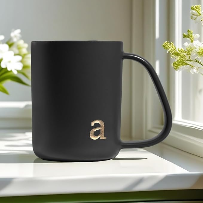 COLLECTIVE HOME - Ergonomic Handle Ceramic Mug, 15 oz Personalized Coffee Cup with Golden Initial, Microwave & Dishwasher Safe, Elegant Monogram Tea Mug in Gift Box for Home & Office (Black-a)