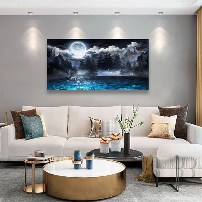 Moon Ocean Pictures Canvas Wall Art for Living room Office Bedroom Wall Decor,Ocean Wall Art Print Paintings Modern Mystery Cloud Forest Blue Lake Artwork Waterproof Ready to Hang-24X48 inch