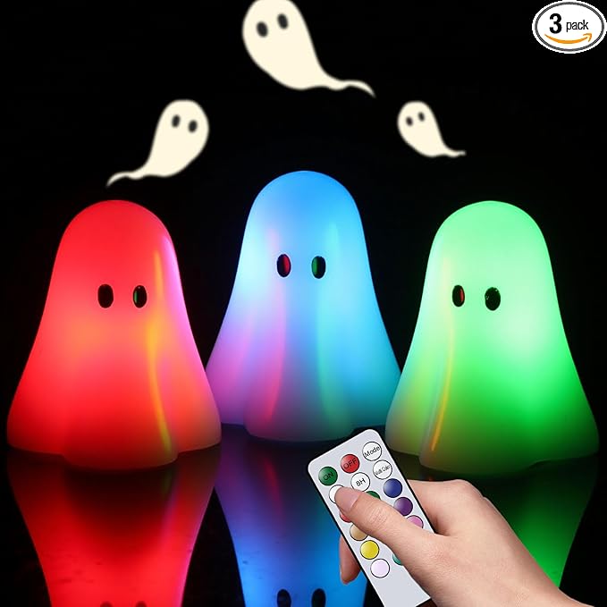 Eldnacele Ghost Flamless Flickering Candles with 18-key Remote and Timer, 12 Color Changing Battery Operated Spooky Candles Real Wax Small Ghost Lights LED Candle Fireplace Halloween Indoor Decor Gift