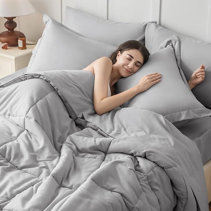 JOLLYVOGUE Twin XL Comforter Set, Ultra-Soft Bed in a Bag Twin XL Size 5 Pieces, Oeko-TEX Certified Bedding Set with Down Alternative Comforter, Sheets, Pillowcases & Shams, Light Grey