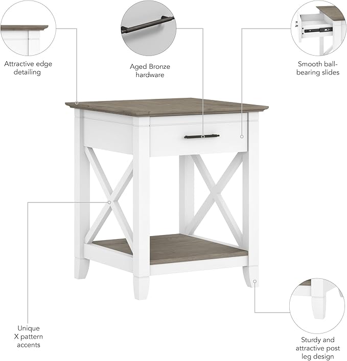 Bush Furniture Key West Small End Table with Storage | Modern Farmhouse Accent Shelf for Living Room in Pure White and Shiplap Gray