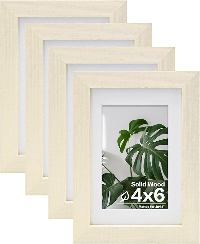 Egofine 4x6 Picture Frames Set of 4, Made of Solid Wood Covered by Plexiglass 3.5x5 with Mat or 4x6 without Mat, for Table Top Display and Wall Mounting Photo Frame Beige