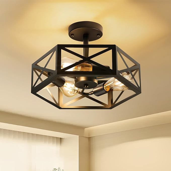 Modern Semi Flush Mount Ceiling Light,3-Light Hexagon Flush Mount Ceiling Lights for Dining Room Light Fixture,Farmhouse Black Metal Kitchen Island Lighting Fixtures for Hallway,Bathroom