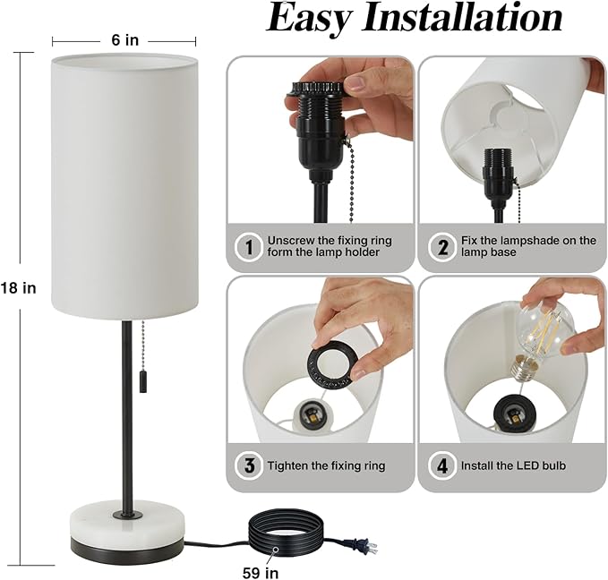 Luvkczc Minimalist Table Lamp Set of 2, Nightstand Lamp for Bedroom Living Room, Modern Pull Chain Bedside Lamp with Marble Base, Fabric Shade, Small Desk Lamp for Home, Office, Reading