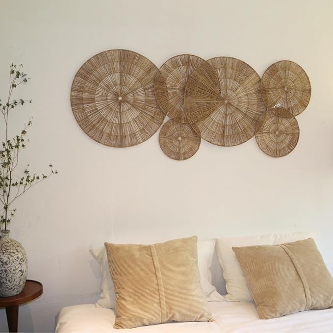 21.6 inch Wicker Wall Decor Set – Boho Wall Basket Decor with Jute Rope, Large Circle Wall Baskets, Natural Woven Wall Art for Living Room Bedroom, Decorative Seagrass Wall Hanging