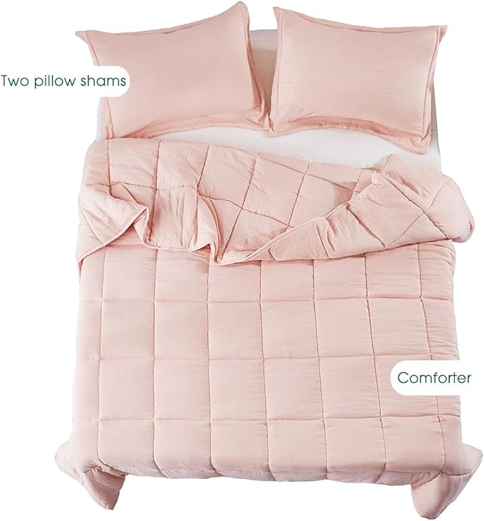 HIG 3pc Prewashed All Season Down Alternative Comforter Duvet Insert -Quilted Comforter with Corner Tabs -Box Stitched -250GSM Fiberfill Chic Farmhouse Style Bedding(Queen,Peach Pink)