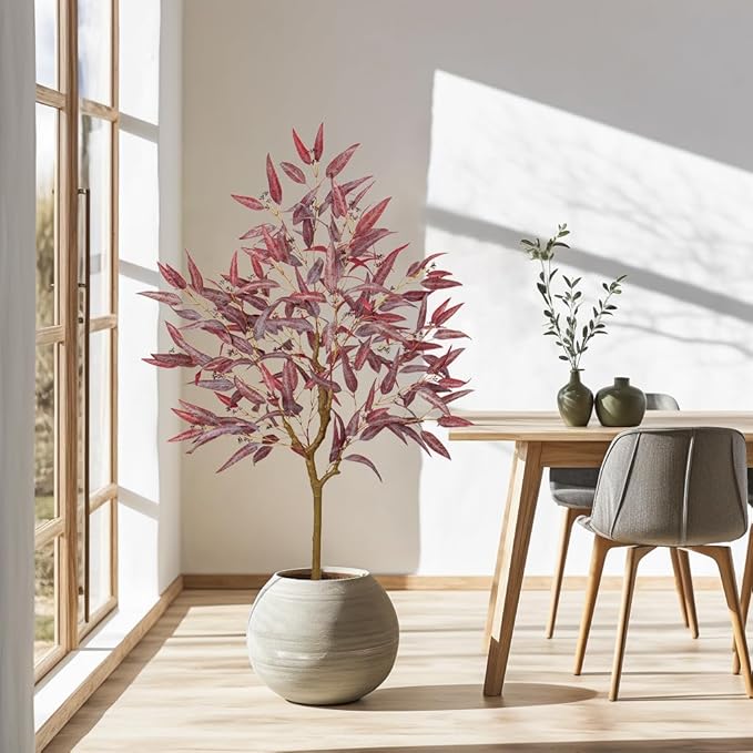 Briful 5ft Artificial Eucalyptus Tree in Black Pot, Realistic Silk Potted Floor Plant Eucalyptus Plant for Home Decor Indoor Outdoor Patio Office, Burgundy Leaf