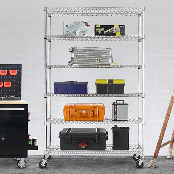 PayLessHere | 6-Tier Wire Shelf with Wheels | 48"x18"x76" | Chrome | Adjustable Racks | Heavy-Duty Storage Shelves, Holds Upto 600 lbs | Rust-Resistant, No-Tool Assembly | for Home, Garage Shelving