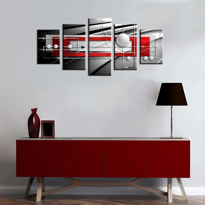 AWLXPHY Decor Abstract Wall Art Large Red and Black White Framed Geometric Canvas Painting for Living Room Decor 5 Panels Modern Simple Circle Line HD Print Artworks Giclee (W80 x H40)