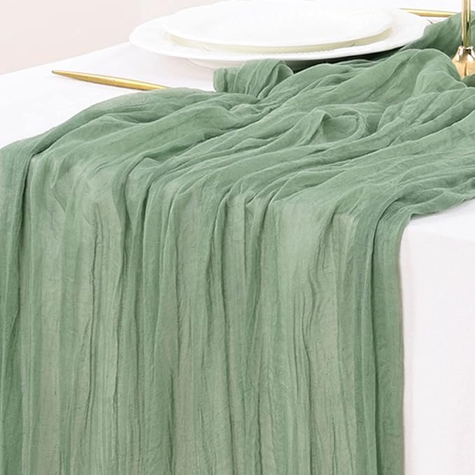 Socomi Sage Green Cheesecloth Table Runner Fall Thanksgiving Boho Rustic Farmhouse Gauze 120 inch 10FT Cheese Cloth Runner for Wedding Party Baby Shower Birthday Home Decor Holiday Decorations
