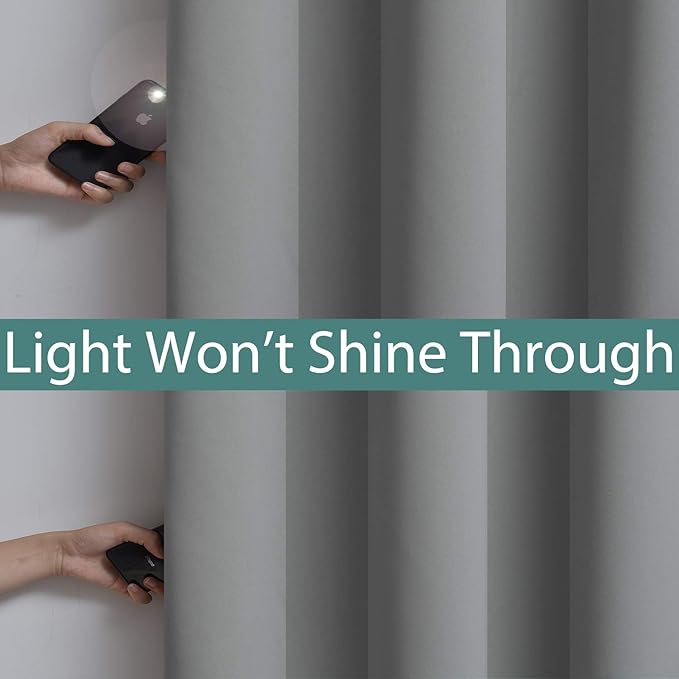 Yakamok Gray Full Shading Curtain Panels for Windows, 2 Thick Layers Thermal Insulated Drapes with Black Liner for Living Room(52Wx72L, Grey, 2 Panels)