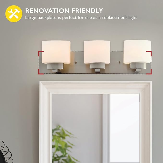 Design House Dove Creek Vanity Light, Dimmable, Frosted Glass, 3 Lights, Bathroom, Satin Nickel, 24 in x 6 in x 6.5 in, Item 578005