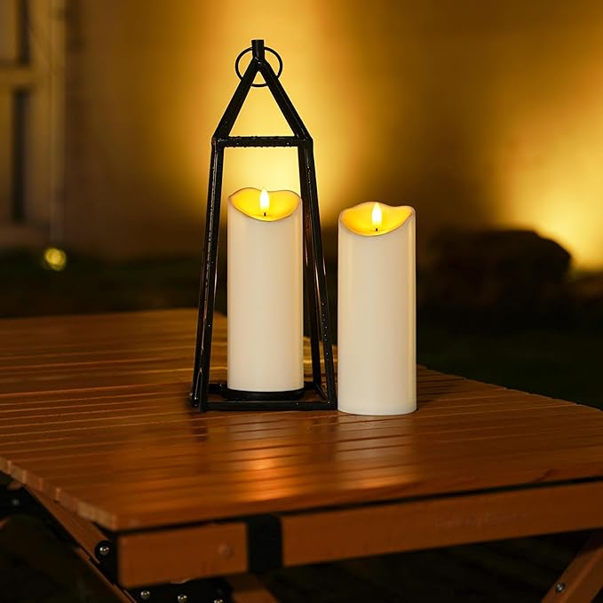 Homemory Outdoor Waterproof LED Candles, Battery Operated with Remote and Timers, Electric Fake Plastic Pillar Candles, Ivory White, Set of 2